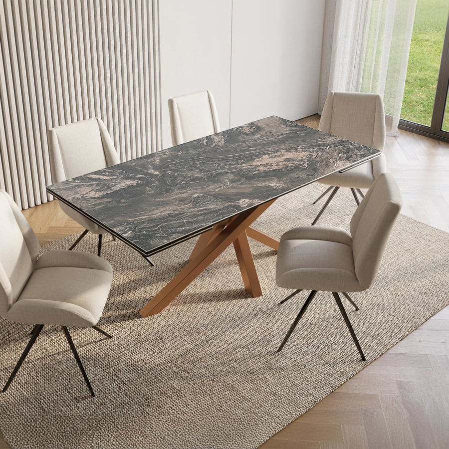 Table &agrave; manger rectangulaire extensible effet marbre gris pieds en m&eacute;tal dor&eacute;